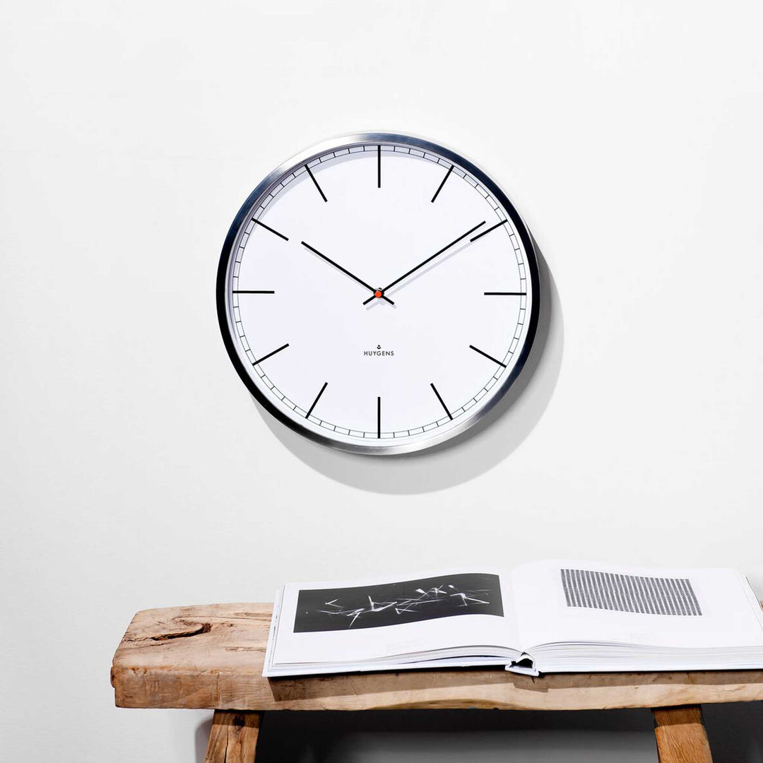 ONE INDEX - Silent WALL CLOCK - Stainless steel with white dial &amp; indices | Huygens