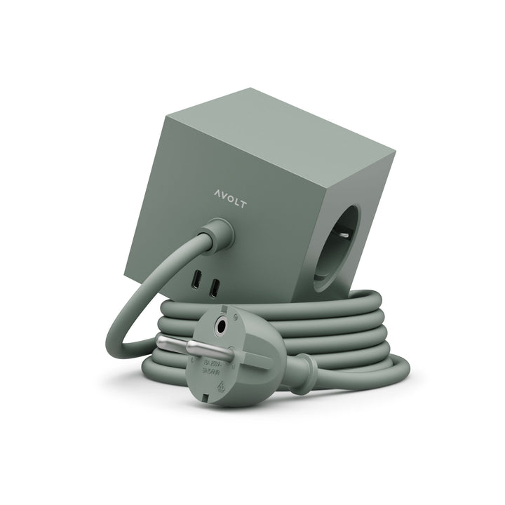 SQUARE 1 - 3-way multiple socket outlet - magnetic, green cube - 2x USB-C 30W & 1.8m connection cable | Avolt