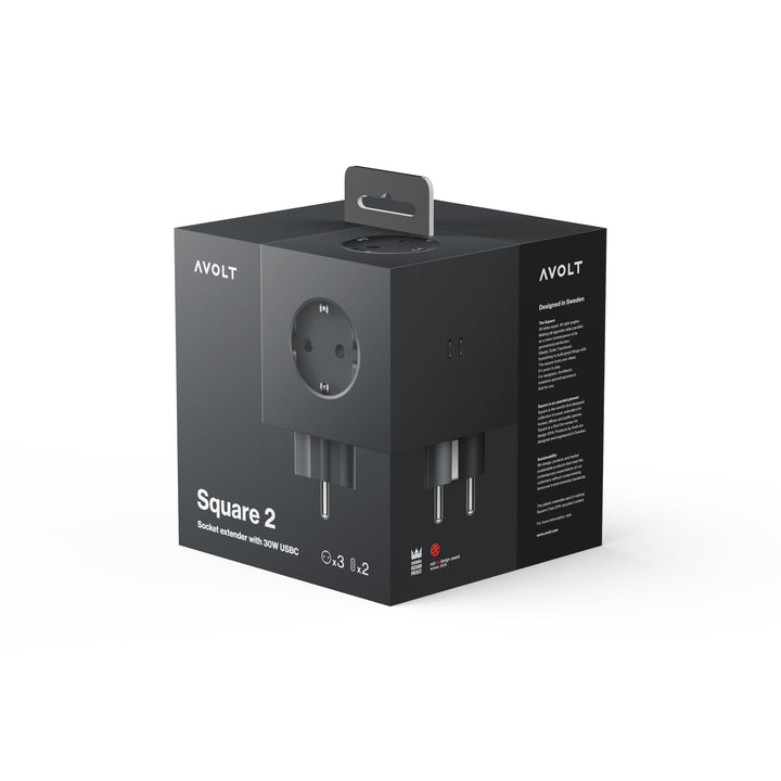 SQUARE 2 - 3-way multiple socket outlet - black cube - 2x USB-C 30W | Avolt